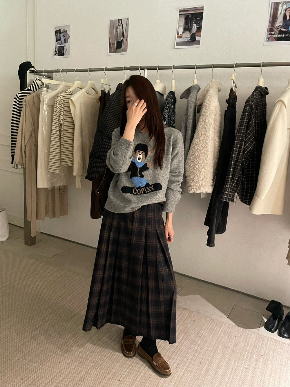 // 30%wool格紋壓褶毛呢中長裙(連腰帶)