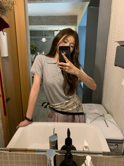 // 拼接lace邊小V翻領直紋NT