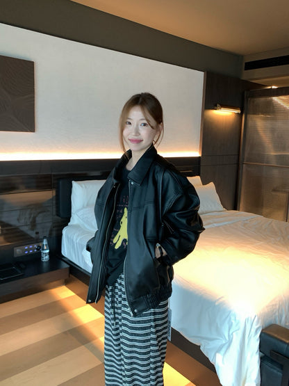 // 經典啞光翻領彷皮外套￼