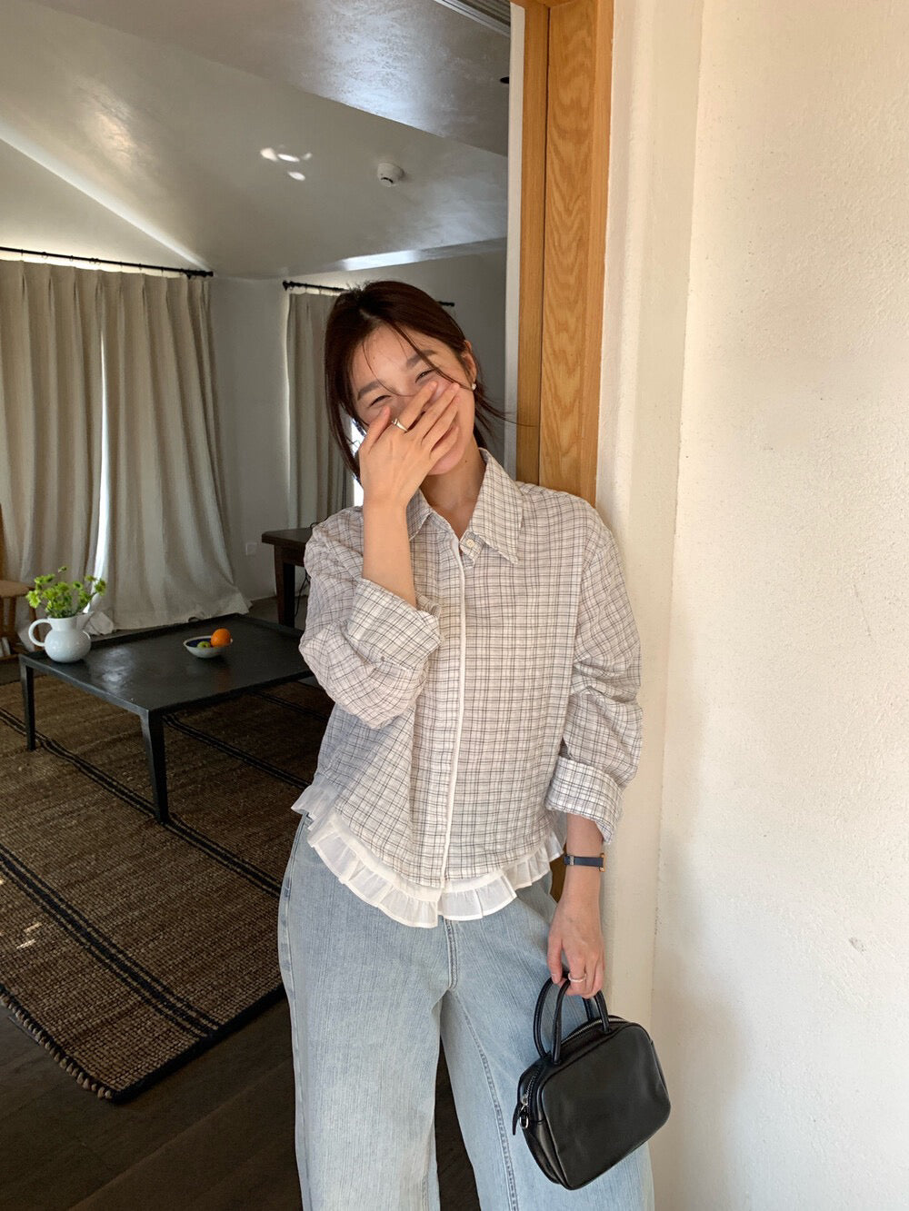// 拼接花邊腳翻領格仔恤衫