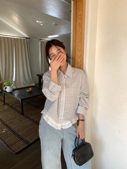 // 拼接花邊腳翻領格仔恤衫