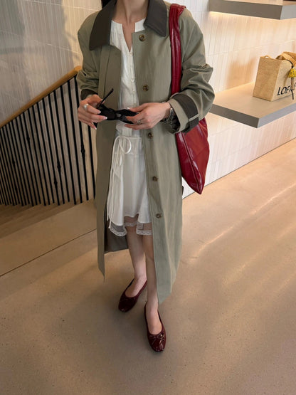 J26 / 撞色翻領復古長款trench coat