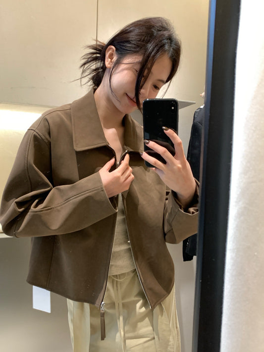 // 帥氣翻領麂皮絨拉鍊外套