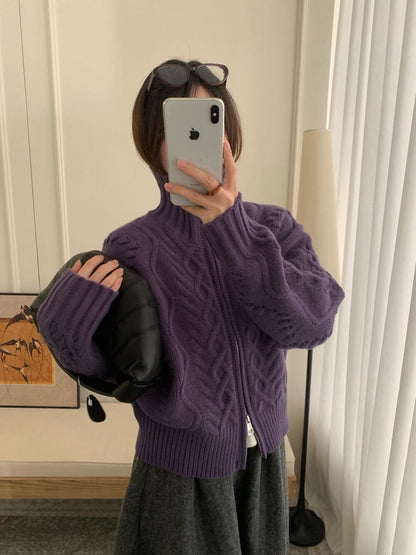 // 30%羊毛粗針麻花高領拉鍊CD