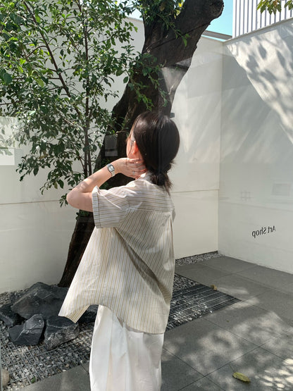 // 刺繡字口袋間條短袖SH