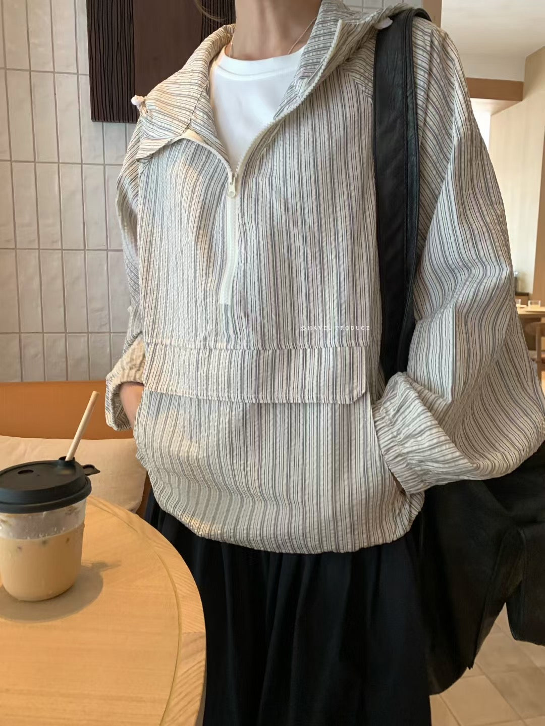 // 恤衫棉質半拉鍊口袋連帽上衣￼