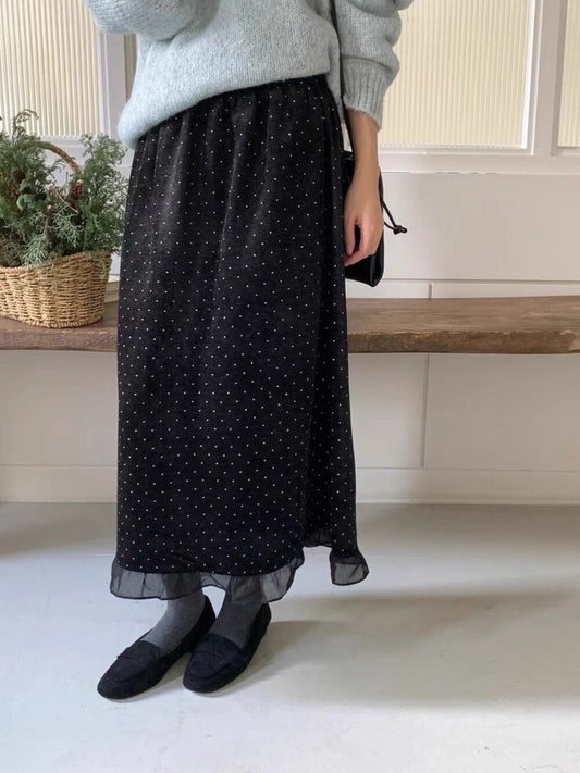 // 拼接花邊紗腳波點絲絨裙￼