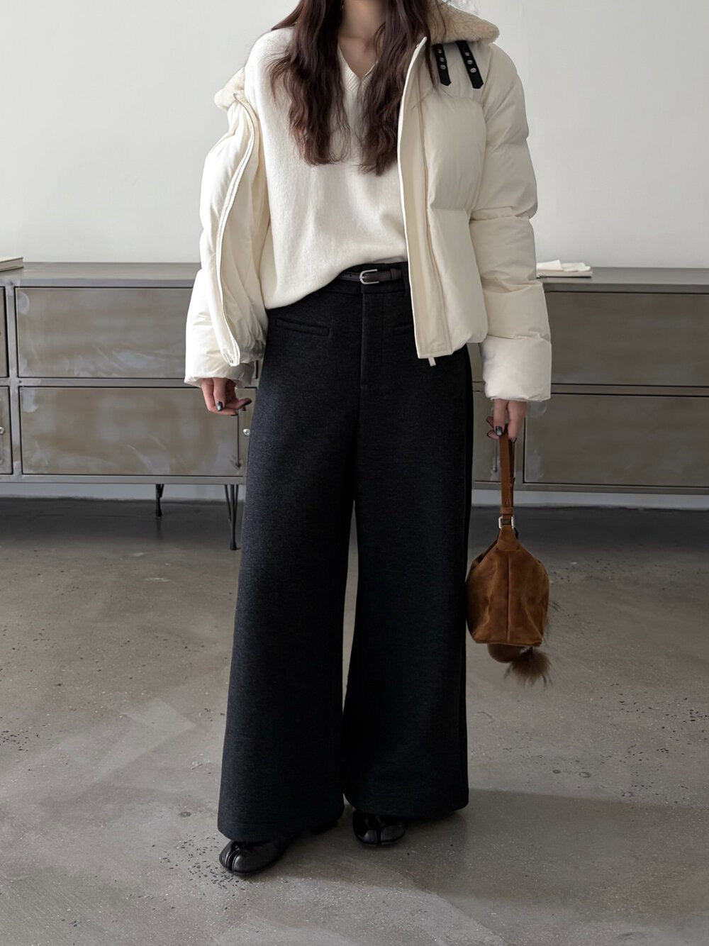 // 10%wool褲型超好毛呢闊褲(連腰帶)