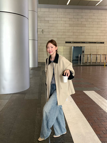 // 經典款撞色領口中長款trench coat