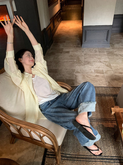 // 設計感假反褶毛邊洗水牛仔闊褲