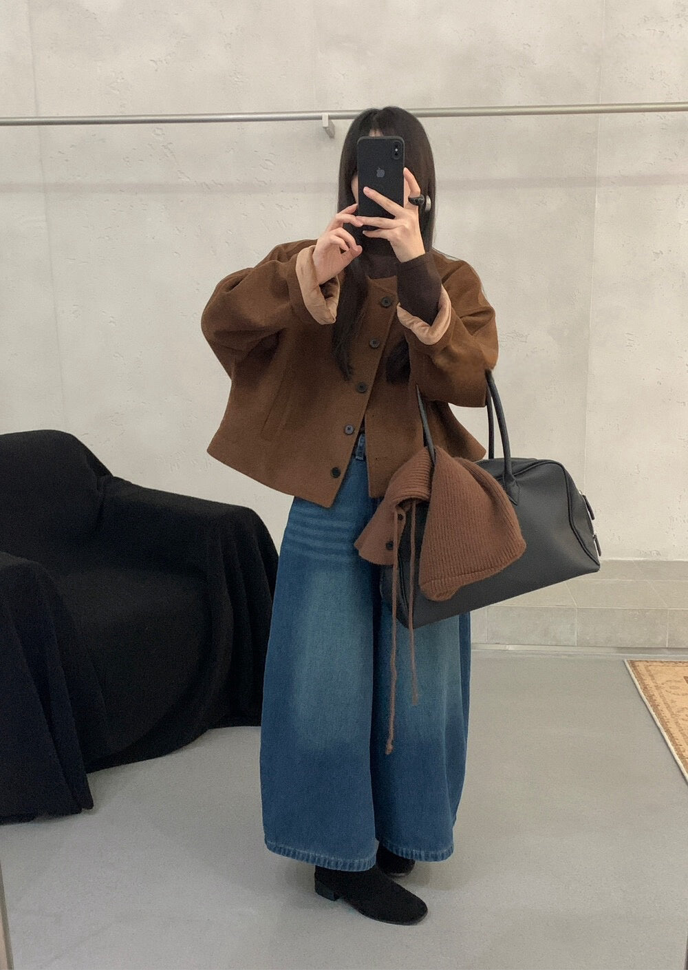 // 可拆針織帽短款圓領毛呢外套