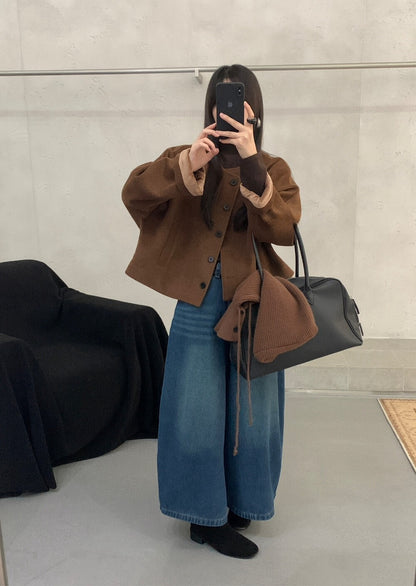 // 可拆針織帽短款圓領毛呢外套