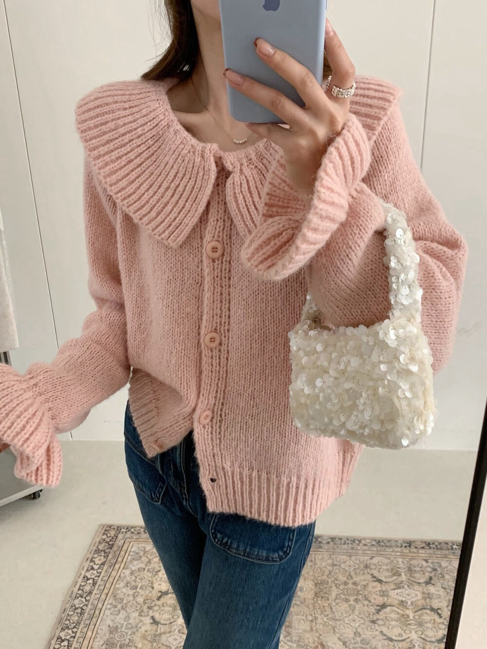 // 大荷葉領+袖開胸毛衣