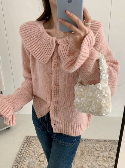 // 大荷葉領+袖開胸毛衣