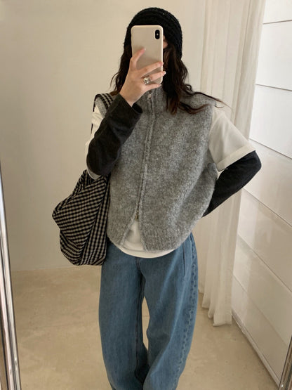 // 9%綿羊毛立領圈圈毛拉鍊背心