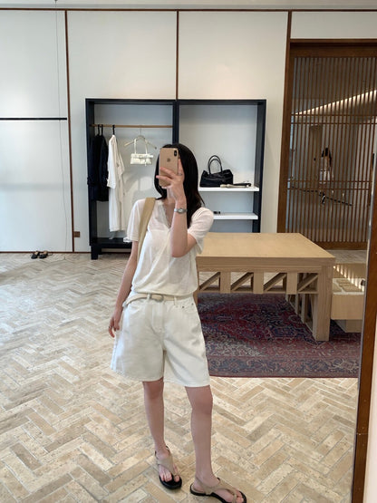// 法式交叉lace邊絲麻短袖NT