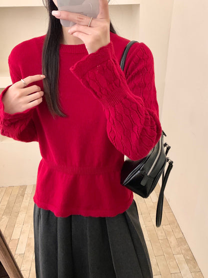 // 100%綿羊毛鈎花微喇叭袖修腰NT