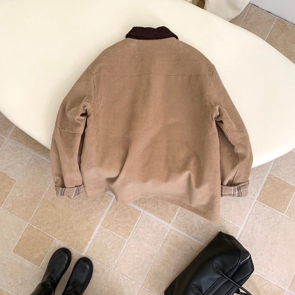 // 復古感拼色領內格紋燈芯絨外套