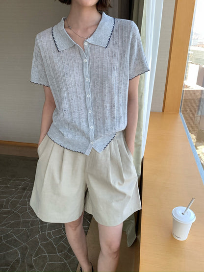 // 復古法式鏤空鈎花撞色包邊短袖NT