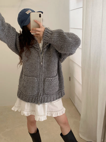 // 30%wool粗棒針手工織感圓翻領口袋拉鍊CD