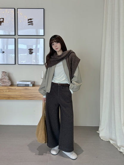 // 小口袋裝飾加絨直腳混羊毛呢褲(連腰帶)