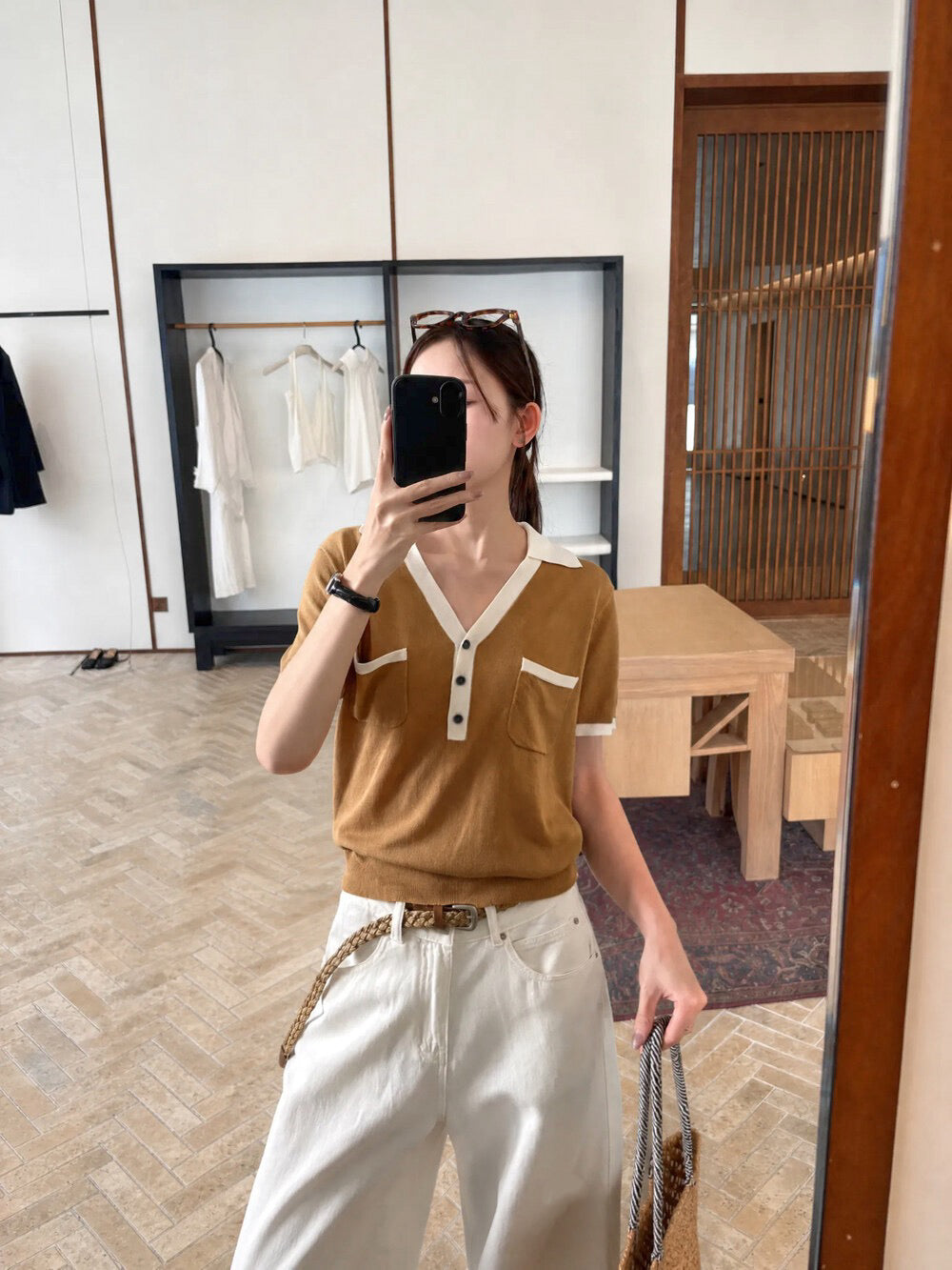 K14 / 撞色小V翻領口袋涼感冰絲NT