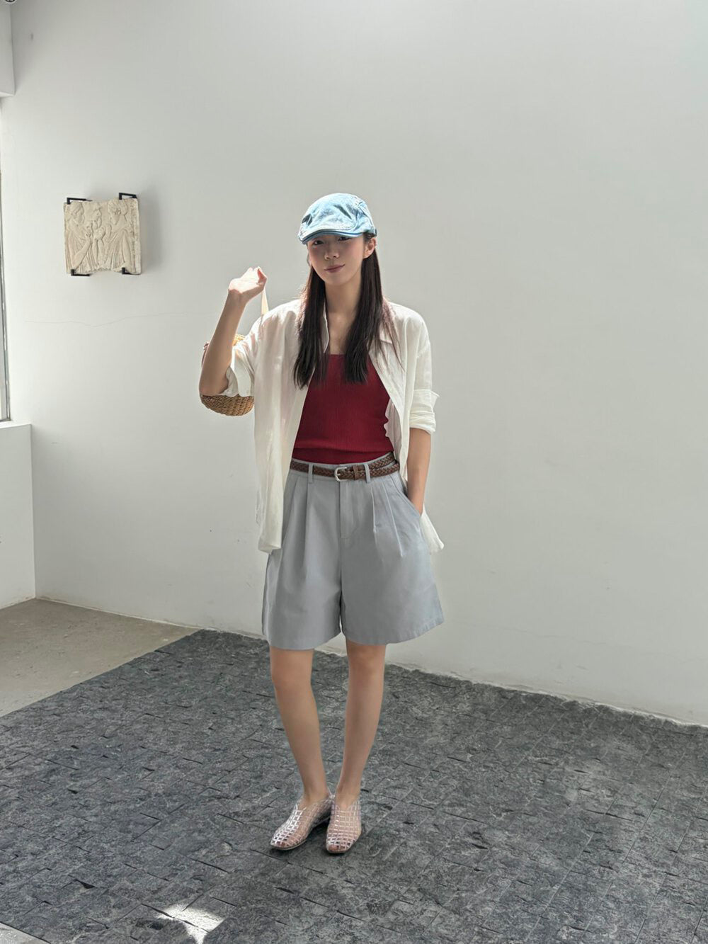 // 壓褶廓型遮肉五分短褲(連編織腰帶)