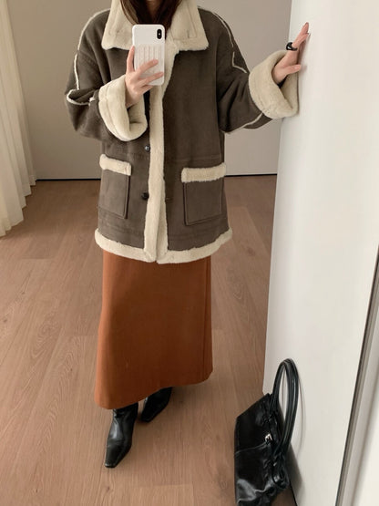 // 立領皮毛一體口袋中長外套