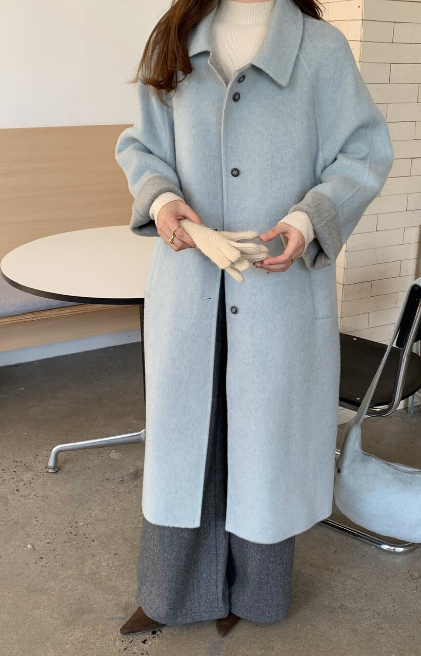 // 100%羊毛簡約翻領長款手工外套(連斜背包)