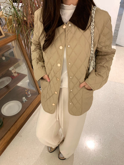 // 高品質拼燈芯絨領菱格薄夾棉外套