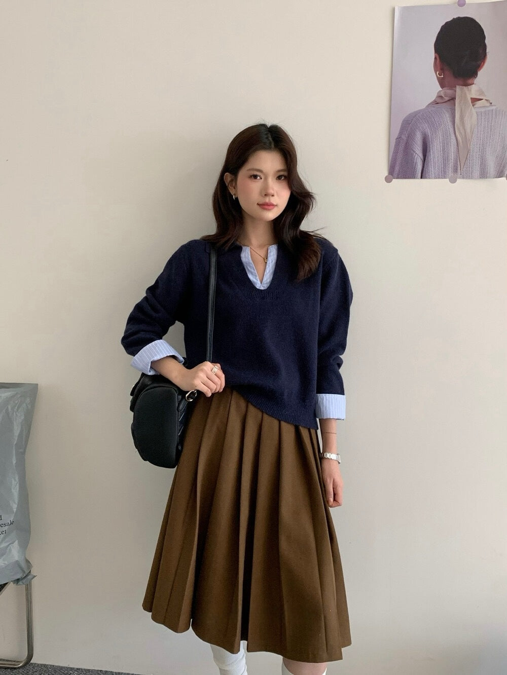 // 設計感拼接恤衫針織上衣