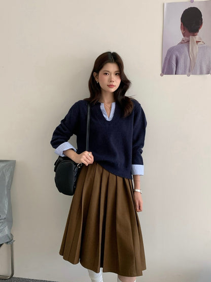 // 設計感拼接恤衫針織上衣