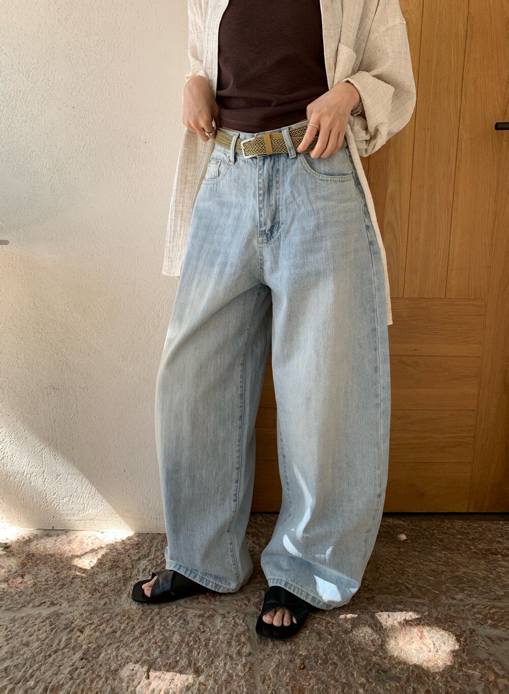 👖 慵懶洗水直闊褲牛仔褲(連腰帶)