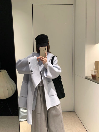 // 100%圓領口袋簡約手工外套（連頸巾）