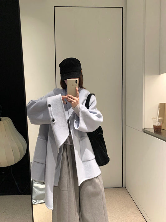 // 100%圓領口袋簡約手工外套（連頸巾）