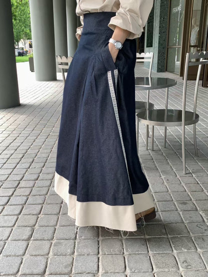 // 超重工棉麻拼lace不修邊傘裙