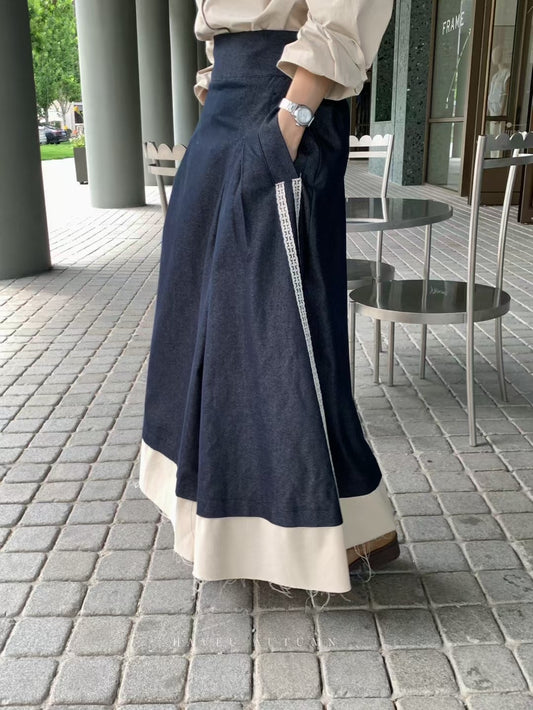 // 超重工棉麻拼lace不修邊傘裙