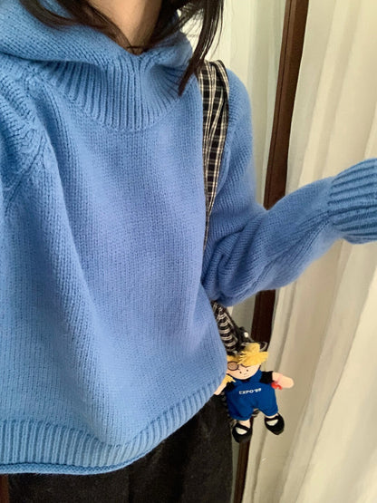 // 粗織紋領位連帽卷卷邊毛衣