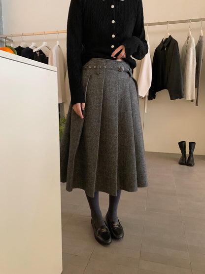 // 韓式復古粗百褶半裙(連腰帶)