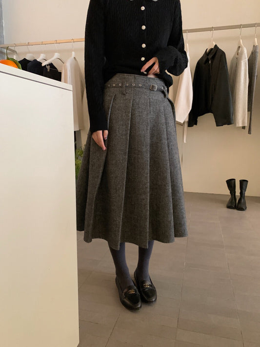 // 韓式復古粗百褶半裙(連腰帶)