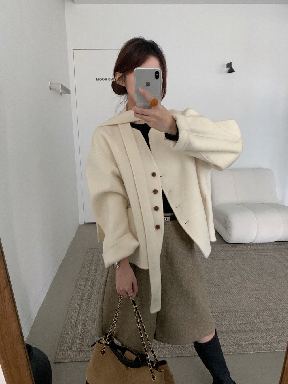 // 100%雙面羊毛handmade小V領連領帶外套