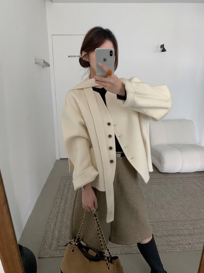 // 100%雙面羊毛handmade小V領連領帶外套