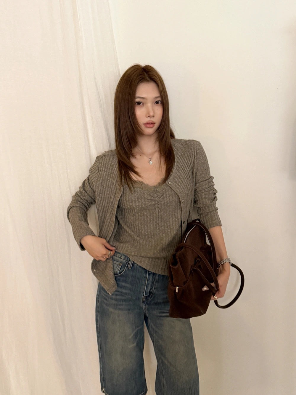 T10 / 肌理感直織紋lace邊小吊帶+小外套兩件套