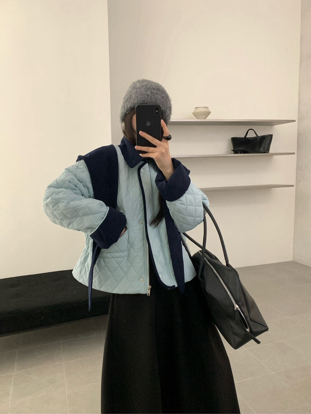 // 撞色包邊拼燈芯絨領可束腰菱格夾棉短外套(帽子可拆)