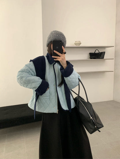 // 撞色包邊拼燈芯絨領可束腰菱格夾棉短外套(帽子可拆)