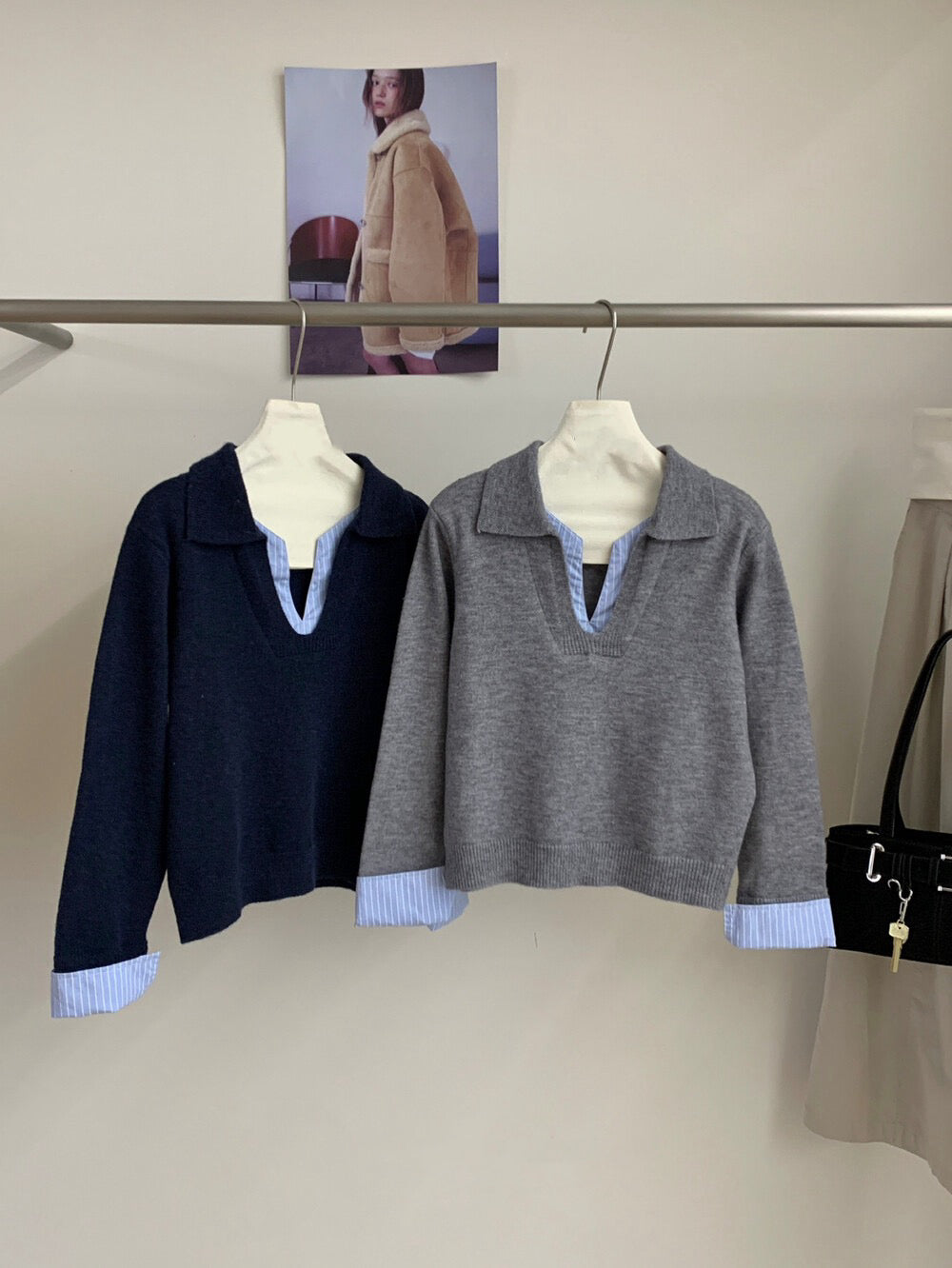 // 設計感拼接恤衫針織上衣