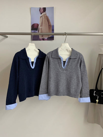 // 設計感拼接恤衫針織上衣