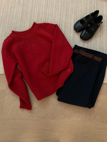 (部分現貨) // 15%wool鏤空鈎花半領卷邊毛衣