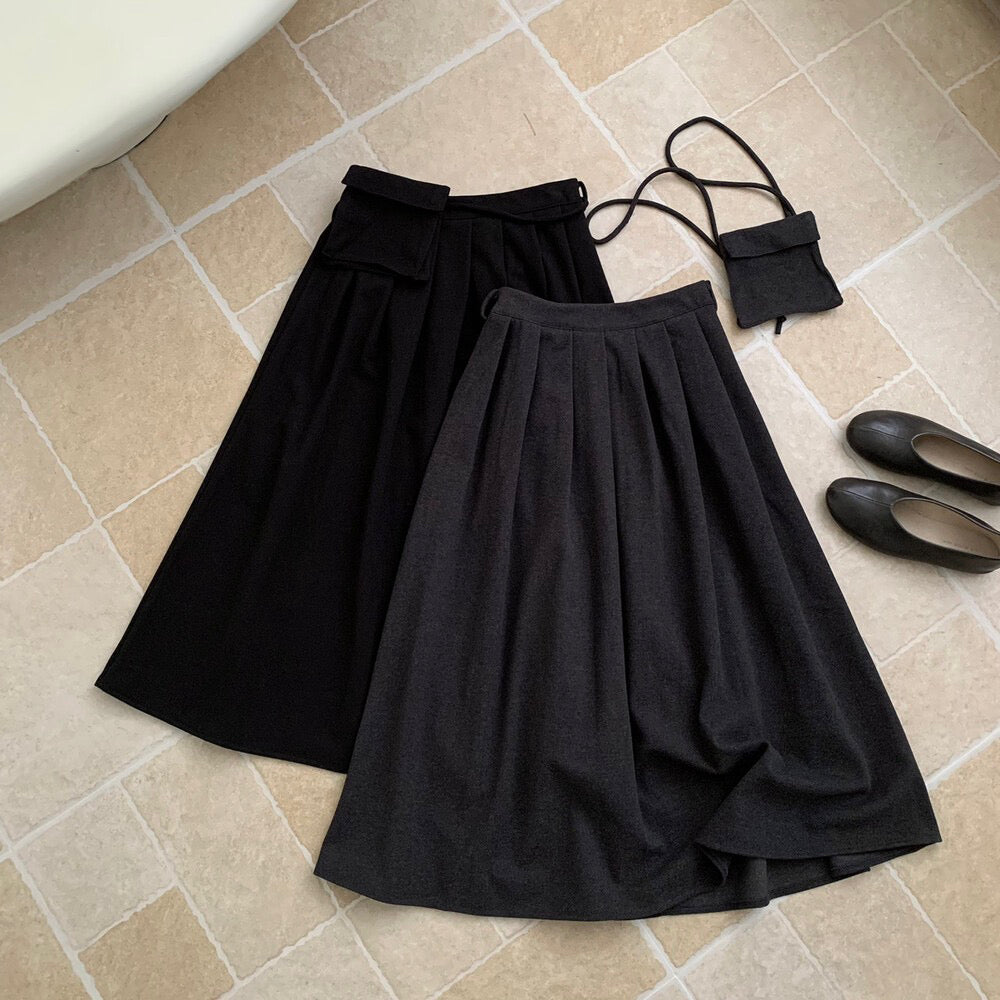 // 連腰包高品質毛呢壓褶中裙