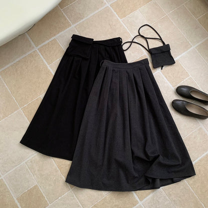 // 連腰包高品質毛呢壓褶中裙